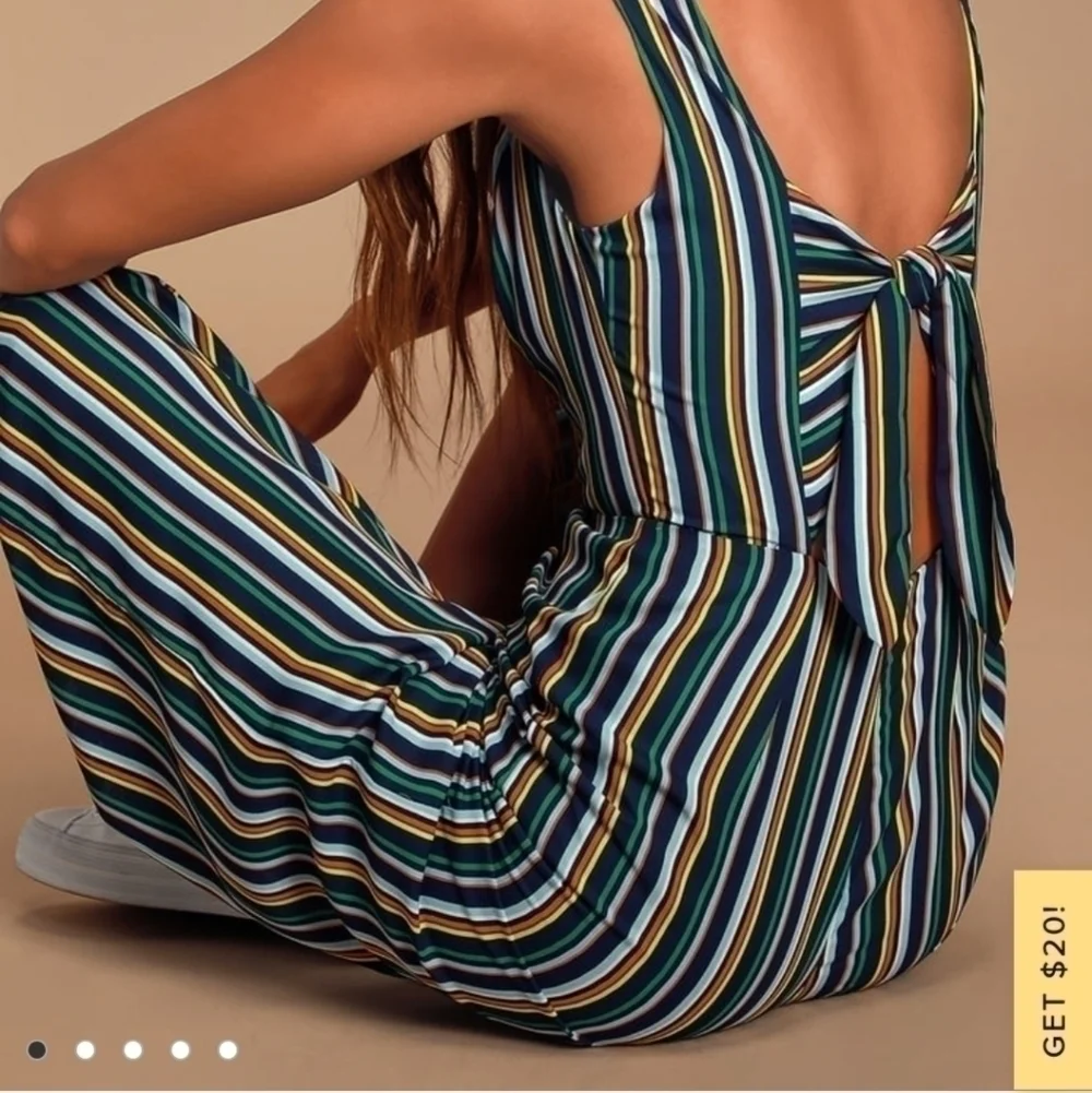 LULUS Allyson Navy Blue Multi Striped Tie-Back Culotte Jumpsuit, SZ Small Lulus